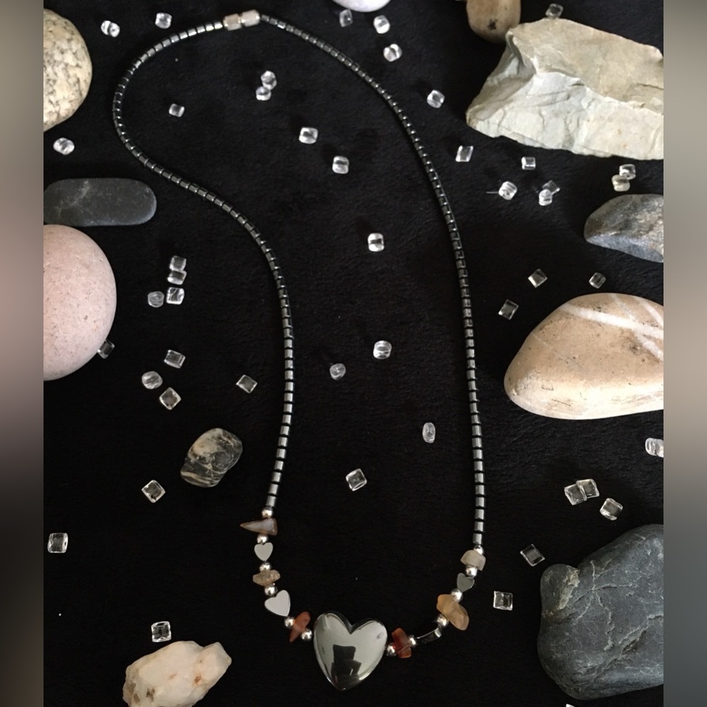 Hematite And Stone Chip Heart Necklace